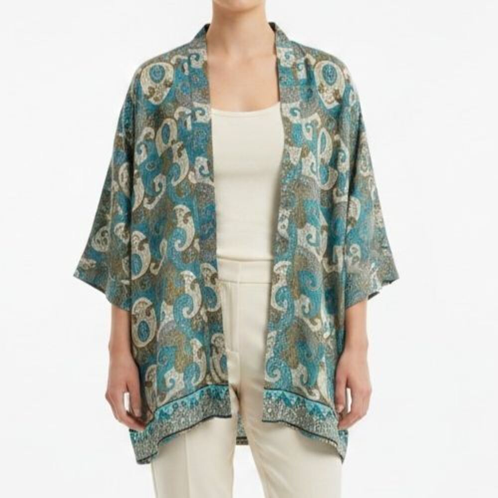 LAUREN VIDAL Silk Blend Paisley Kimono Cardigan Woman OS Artsy Art to Wear